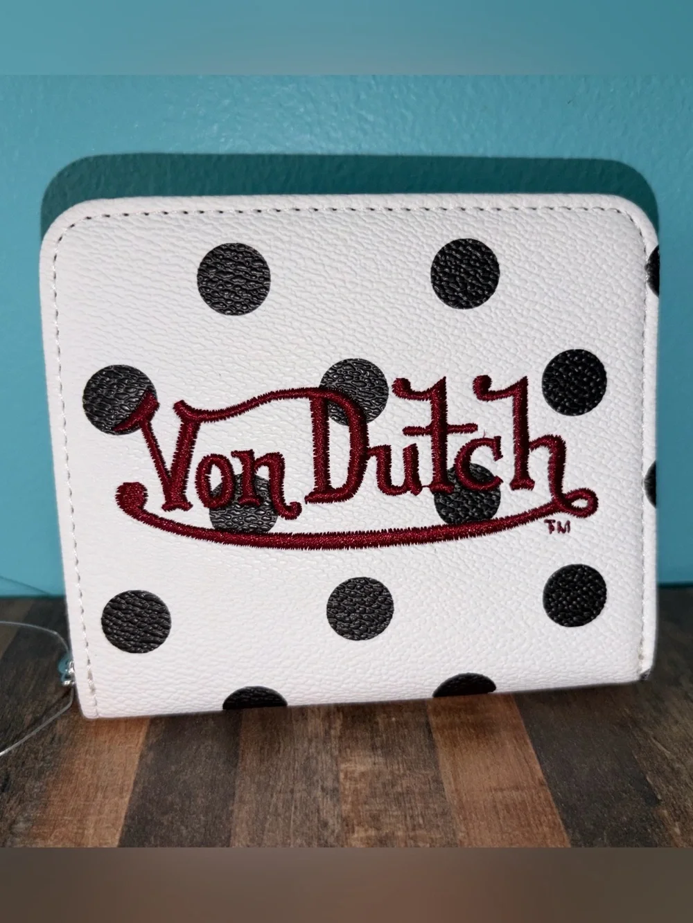 Von Dutch White Polka Dot Wallet with Maroon Logo Embroidery NWOT